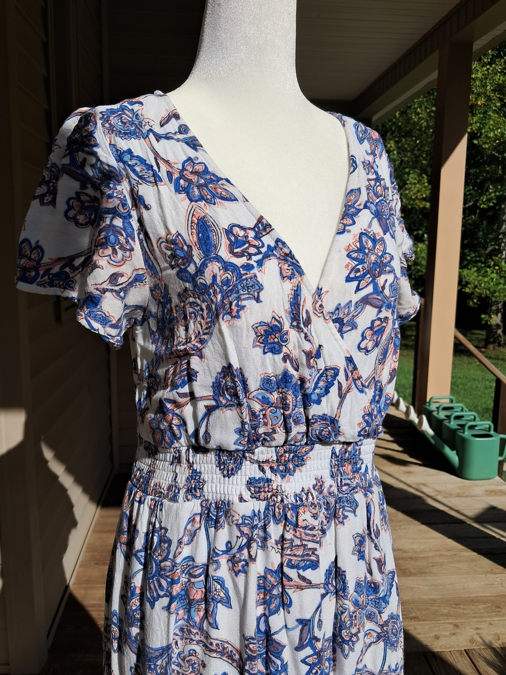 Blue Floral Wrap Midi Dress - White, Peach, & Blue In Size Medium